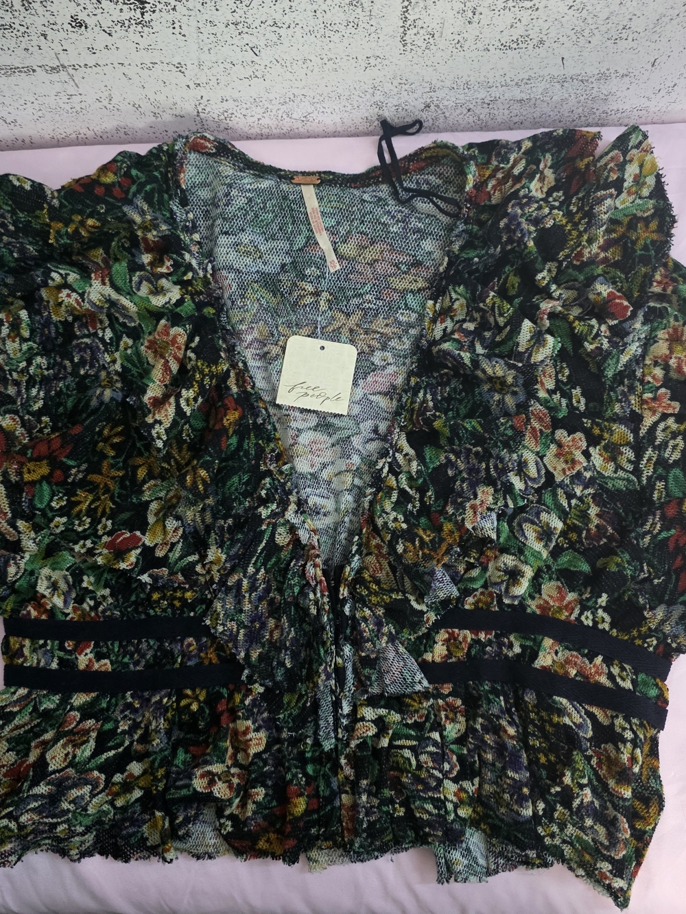 Free People Floral Ruffle V-Neck Blouse in Green Multi